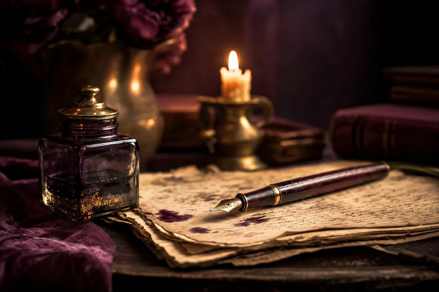 Pluma estilográfica sobre páginas de manuscrito antiguo, con tintero y vela