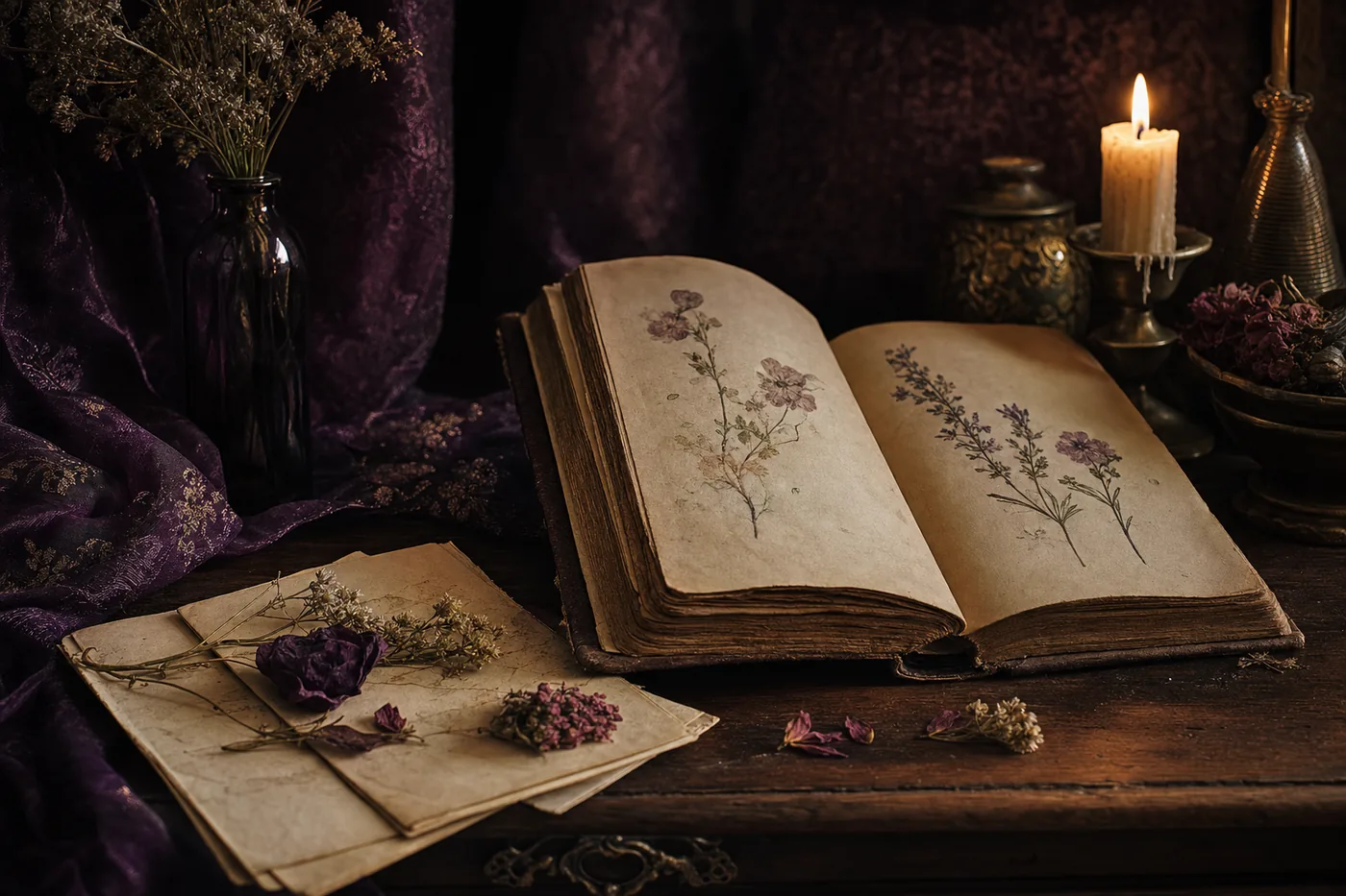 Libro antiguo de poesía abierto con flores prensadas, a la luz de una vela
