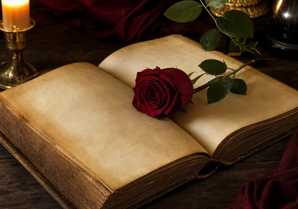 Libro de poesía abierto a la luz de una vela con una rosa roja