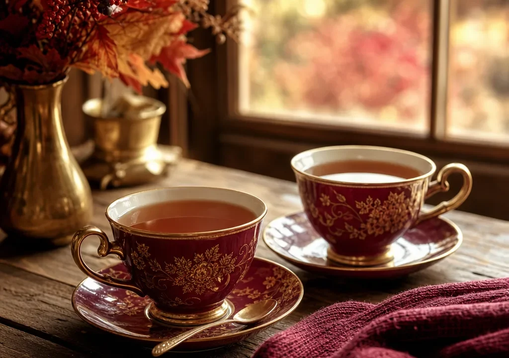 Dos tazas de té junto a una ventana otoñal, ambiente de compañía