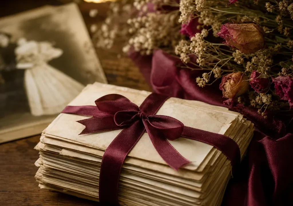 Cartas antiguas atadas con una cinta junto a flores secas
