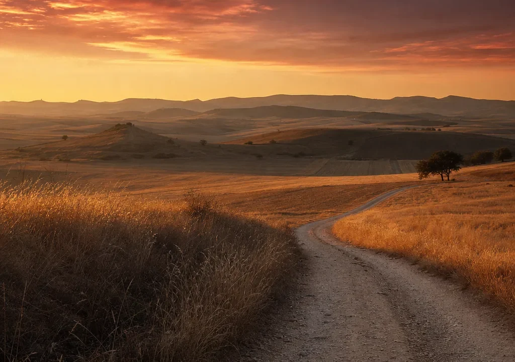 Camino solitario entre campos dorados de Castilla al atardecer