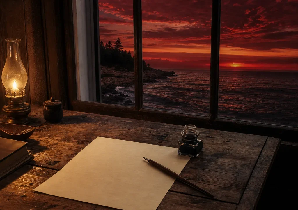 Escritorio de madera frente a un mar al atardecer