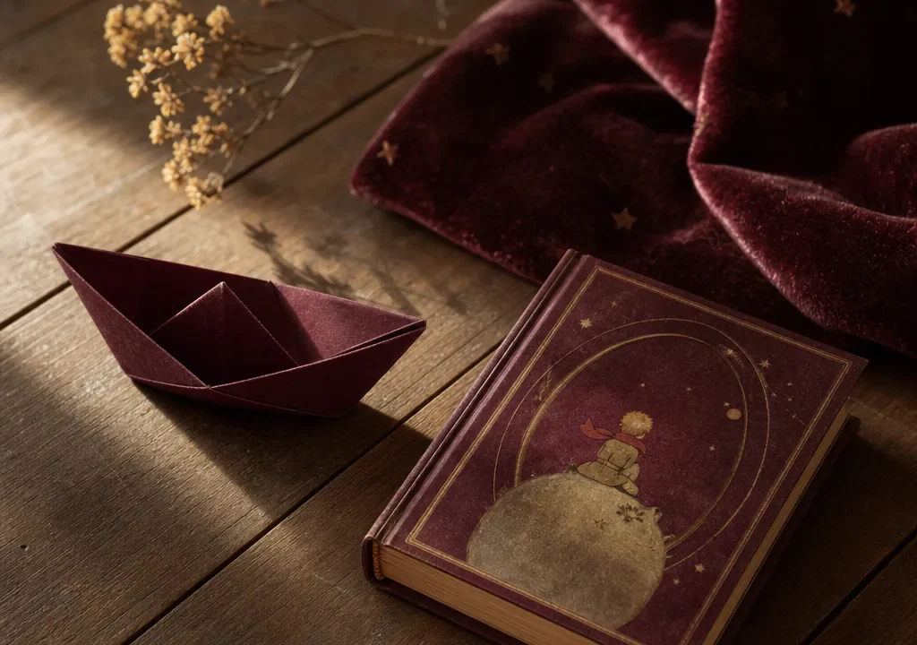 Un barquito de papel y un libro ilustrado a la luz de la tarde